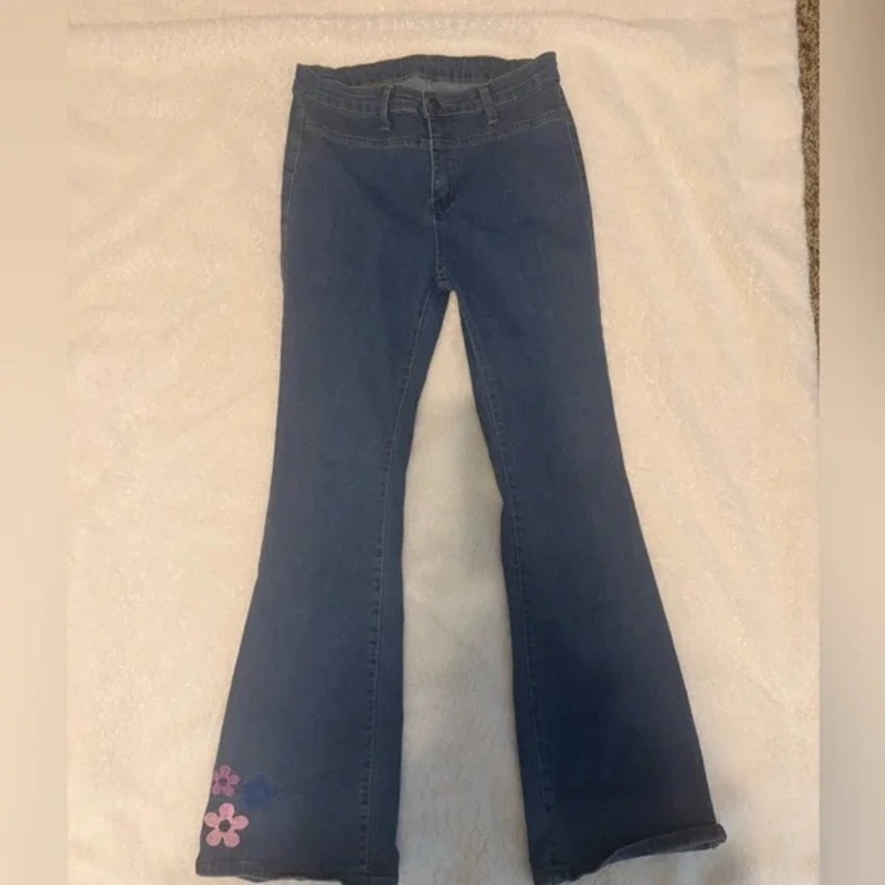 Women's Blue Flared Jeans with Pink Floral Detail
